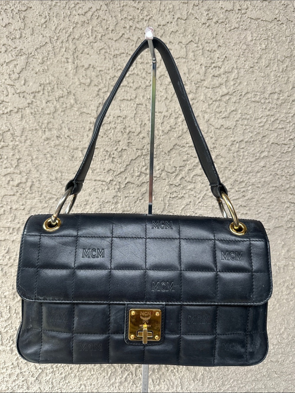 MCM Black Quilted Logo Leather Shoulder Bag with Gold Hardware